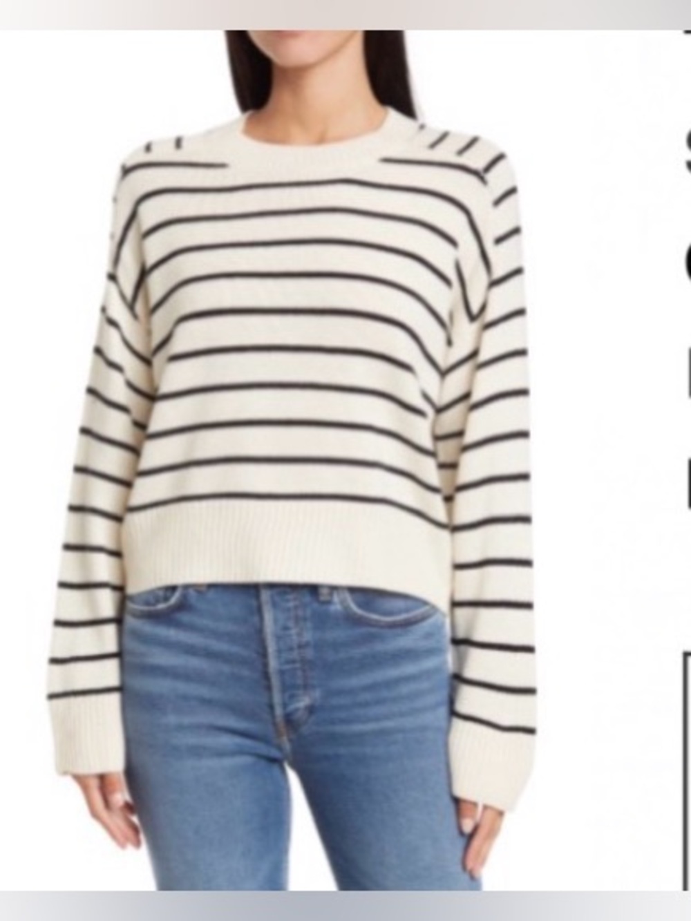 T Tahari Cream and Black Striped Crewneck Sweater